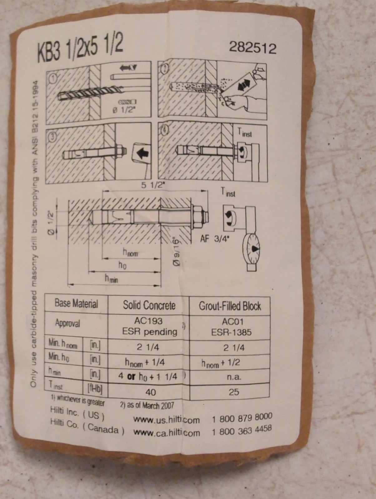 1/2 inch x 5 1/2inch Concrete Anchor Bolt (with nuts & washer) 9 Total With Bit