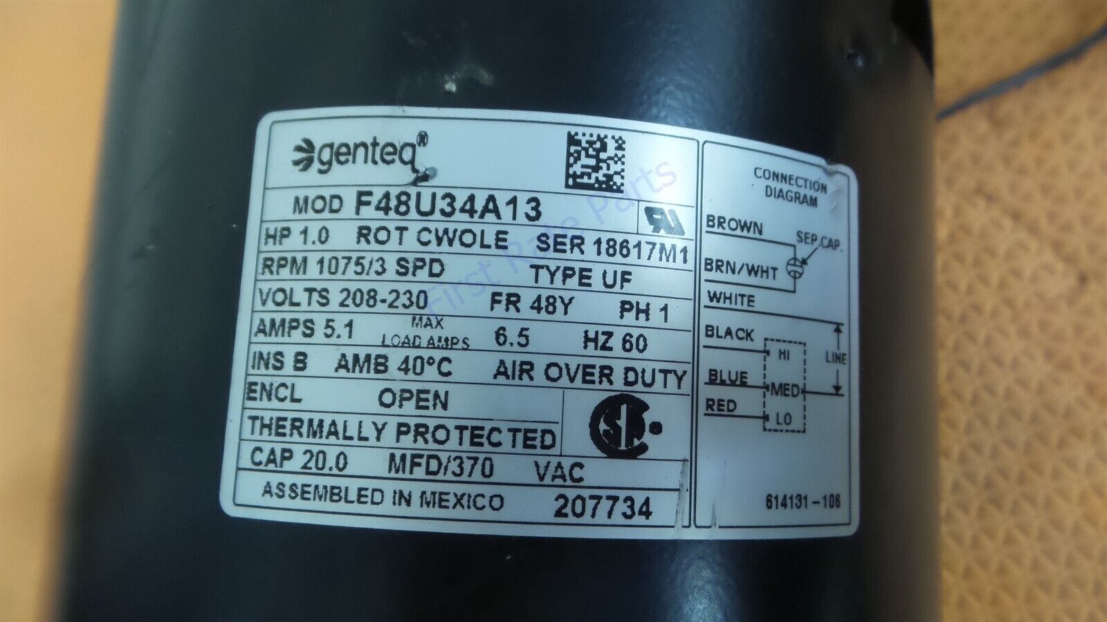 Reznor 207734 Fan Motor F48U34A13 RZ207734 LDAP 400-1200 1 HP 1075 RPM Genteq