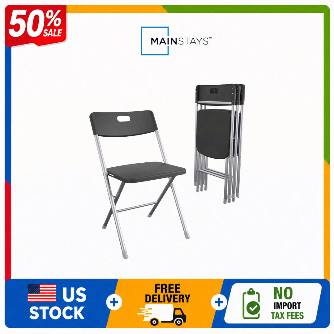 Mainstays Resin Folding Chair with Seat and Back, Black, 4 Pack
