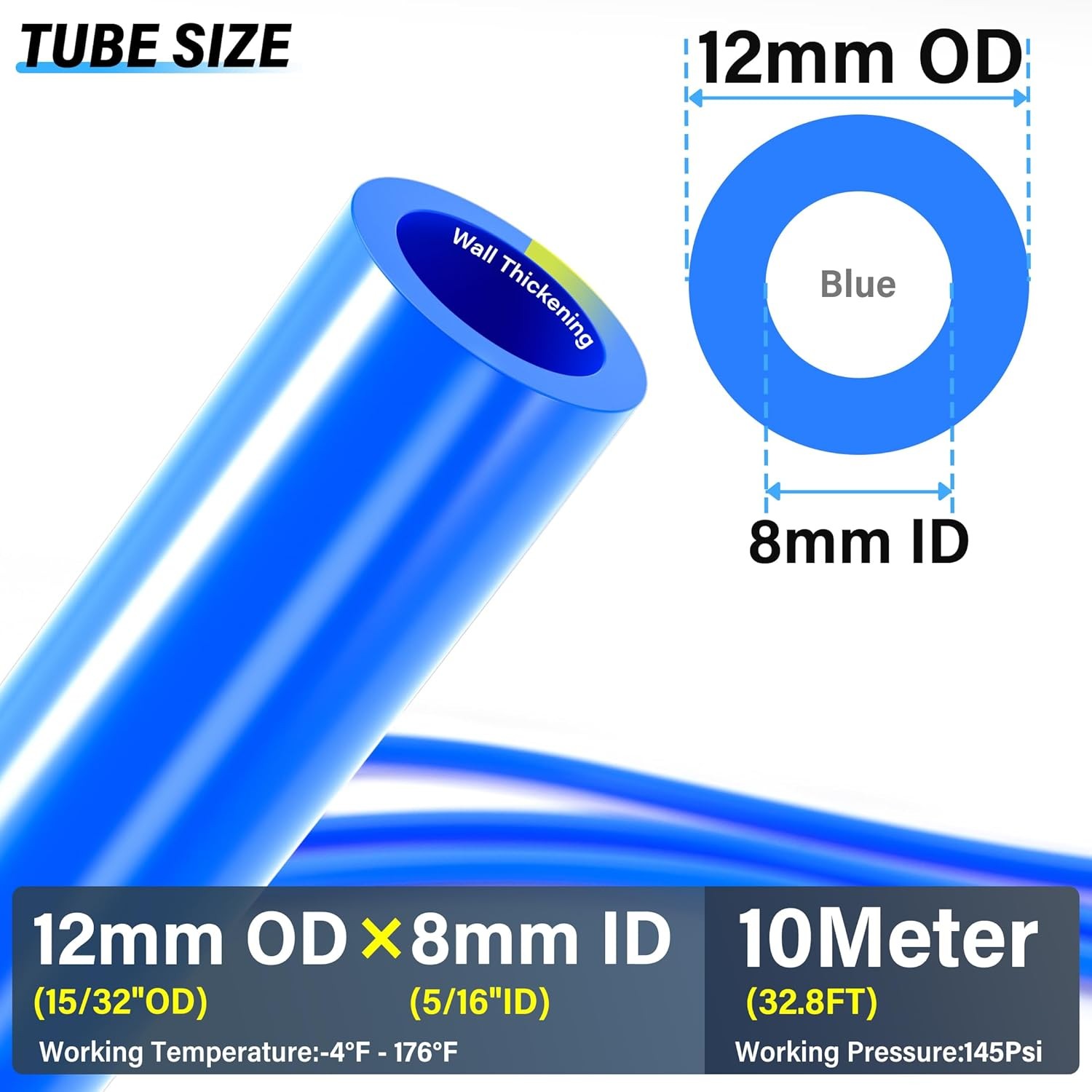 12mm OD 8mm ID Polyurethane PU Air Hose Pipe Tube Kit 10 Meter 32.8ft