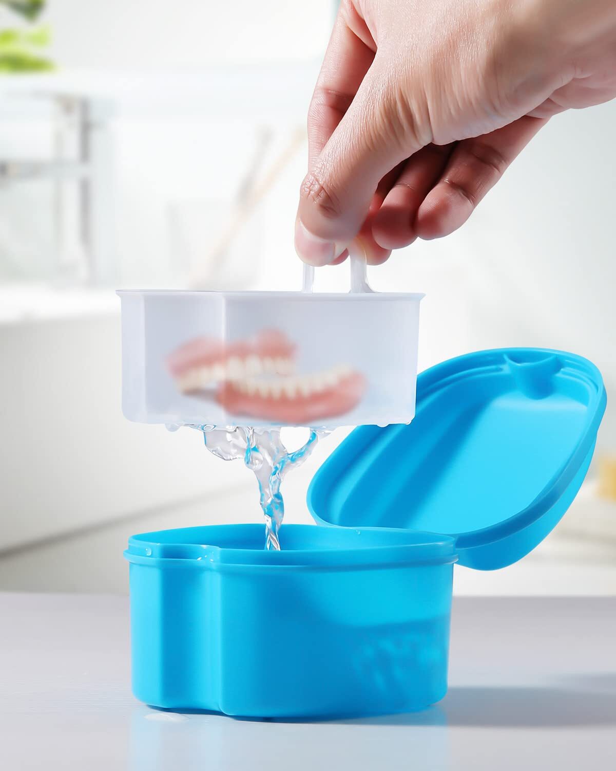 JMU Denture Retainer Case w/ Strainer Apple Shaped False Teeth Storage Box