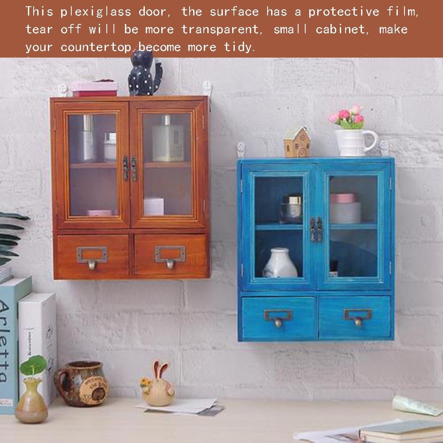 Rustic Vintage Mini Pine Counter Top Cabinet – 12″ L x 4.7″ W x 14″ H with 2 …