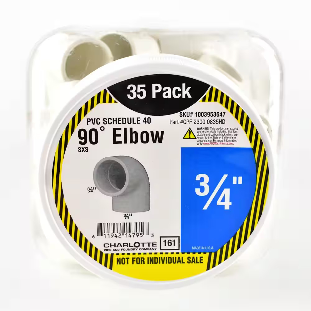 3/4 In. X 3/4 In. 90 Degree PVC Socket X Socket Elbow Fitting 35 -Pack Free Ship