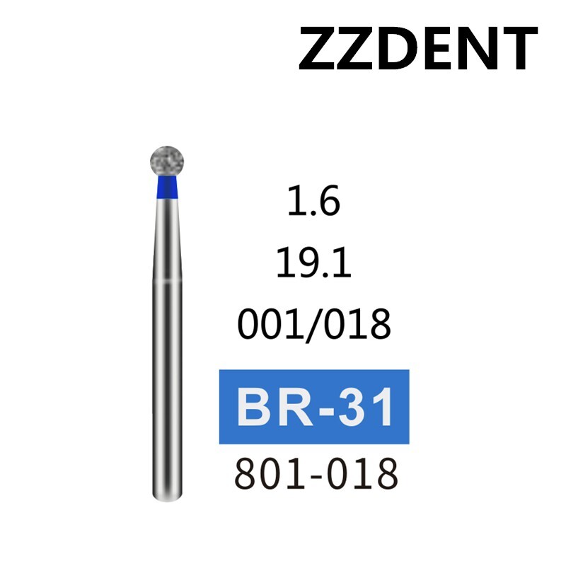 100 PCS BR-31 801-018 Ball Round Type Dental Diamond Burs FG Shank Dia. 1.6mm
