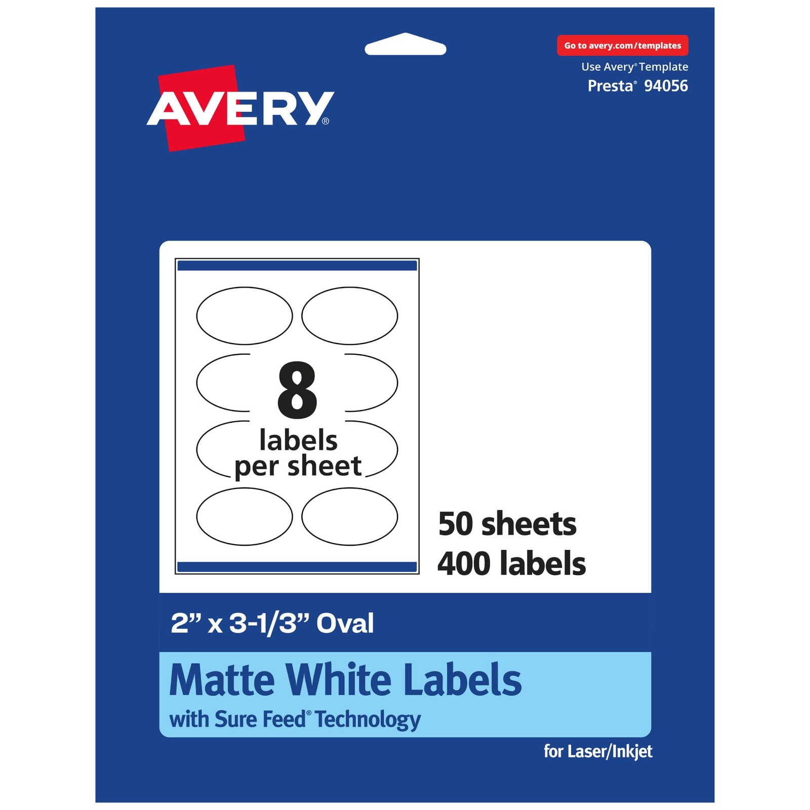 Avery Matte White Oval Labels Sure Feed Technology 2 X 3-1/3 400 Matte White