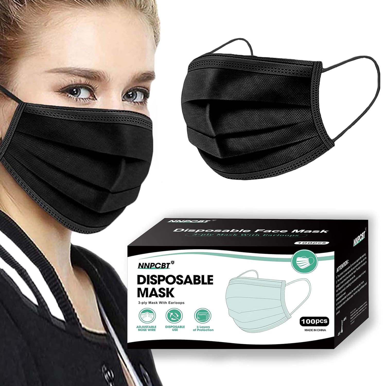 100PCS 3 Ply Black Disposable Face Mask Filter Protection Face Masks, Non-woven