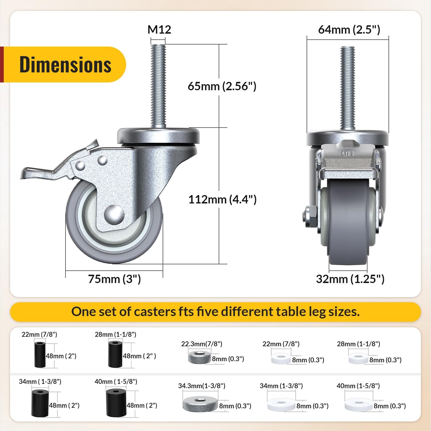 Caster Wheels Locking 3 Inch Expanding Stem Casters, Threaded Swivel Casters Set