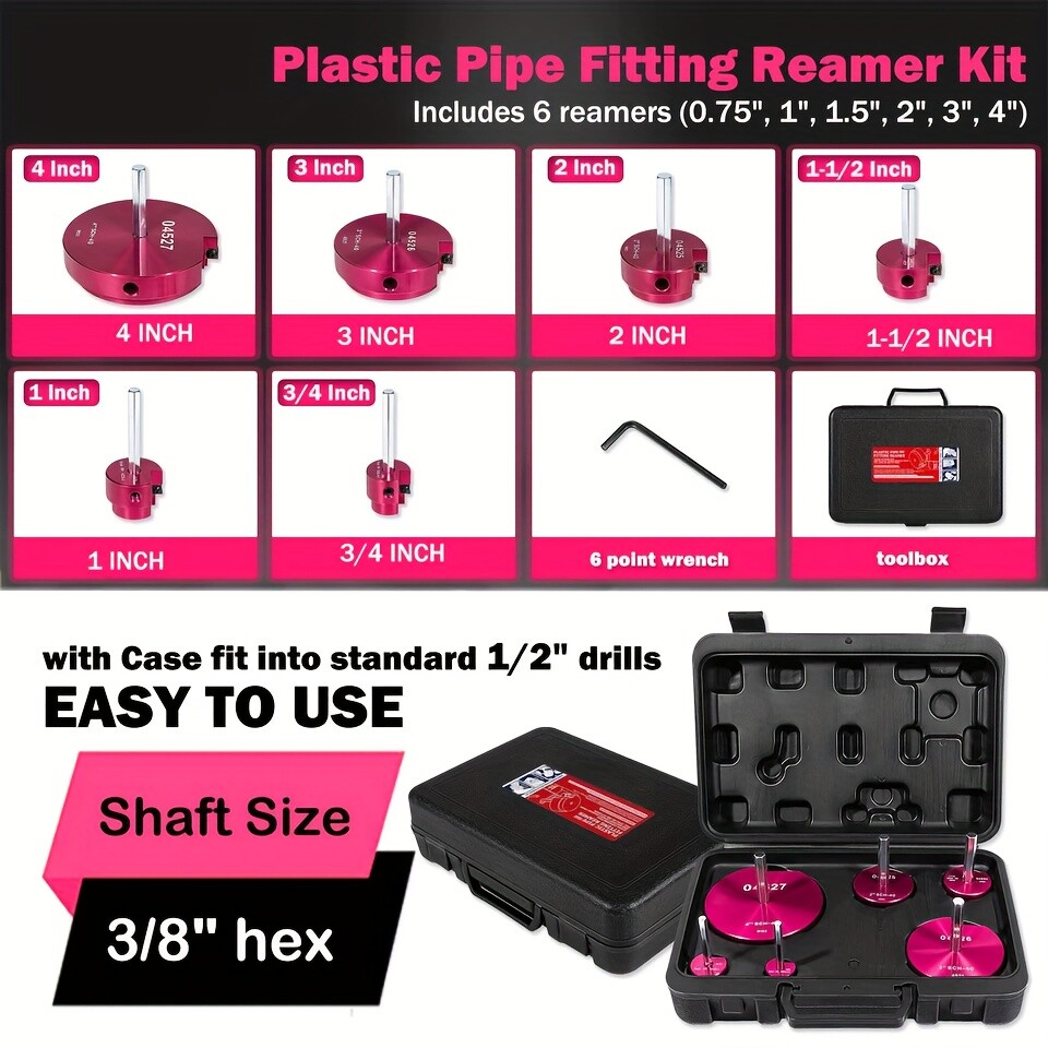 PVC ABS Pipe Reamer Kit 6Pcs -0.75″,1″,1-1/2″,2″,3″,and 4″ Set for 1/2″ Drills