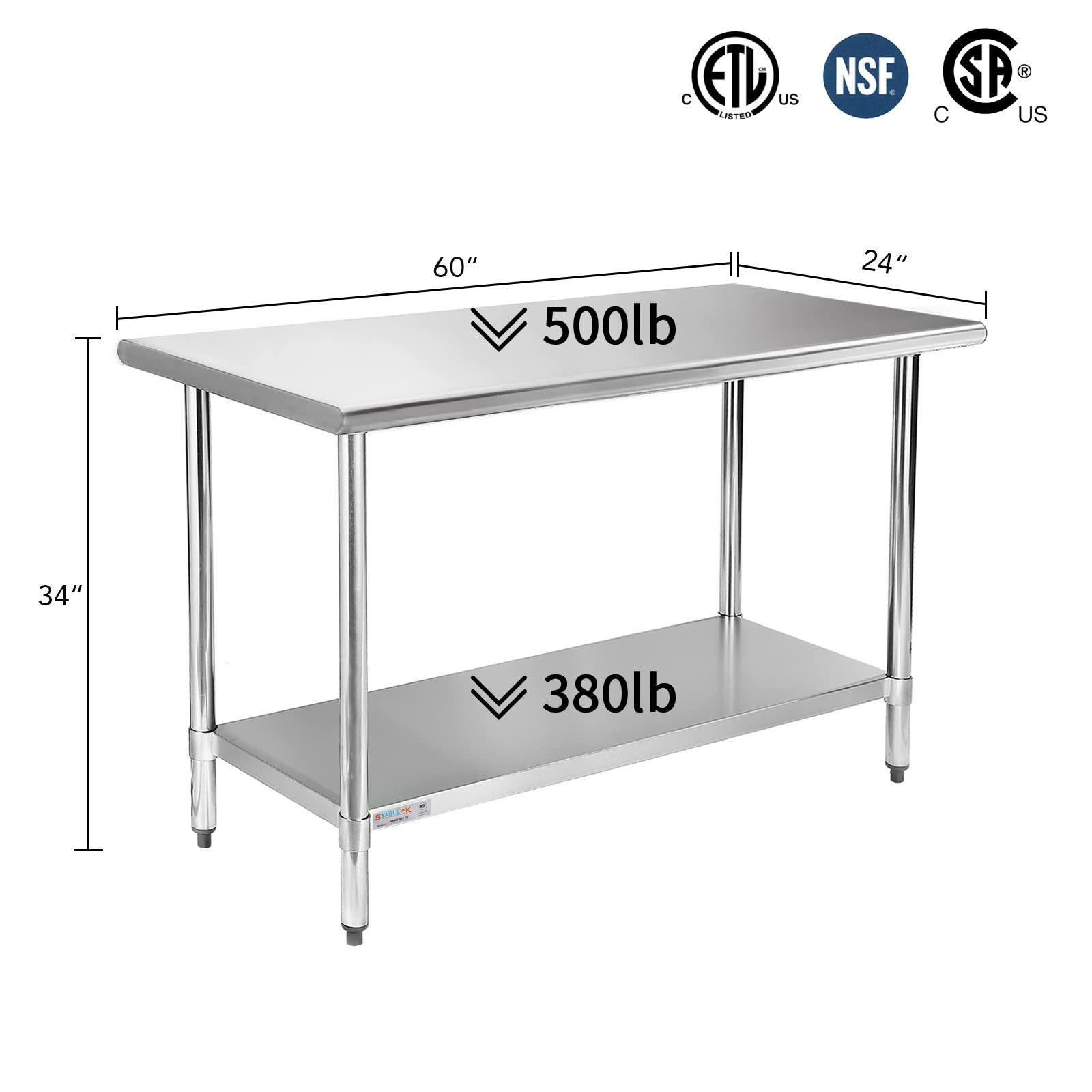 NSF Stainless Steel Prep Table 60×24 Inches 5ft, Metal Work Table with Adjust…