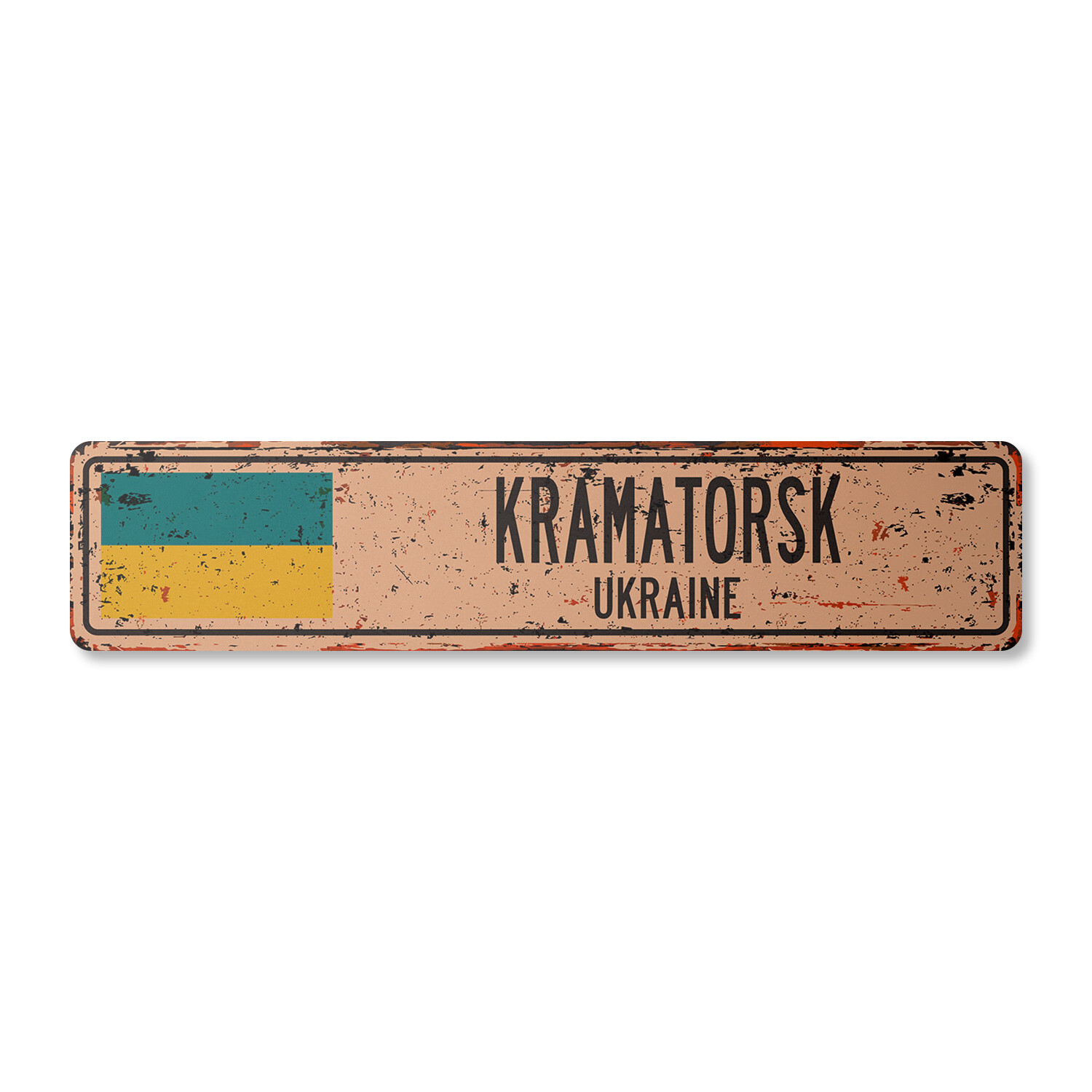 KRAMATORSK UKRAINE Vintage Street Sign Ukrainian flag city country road rustic