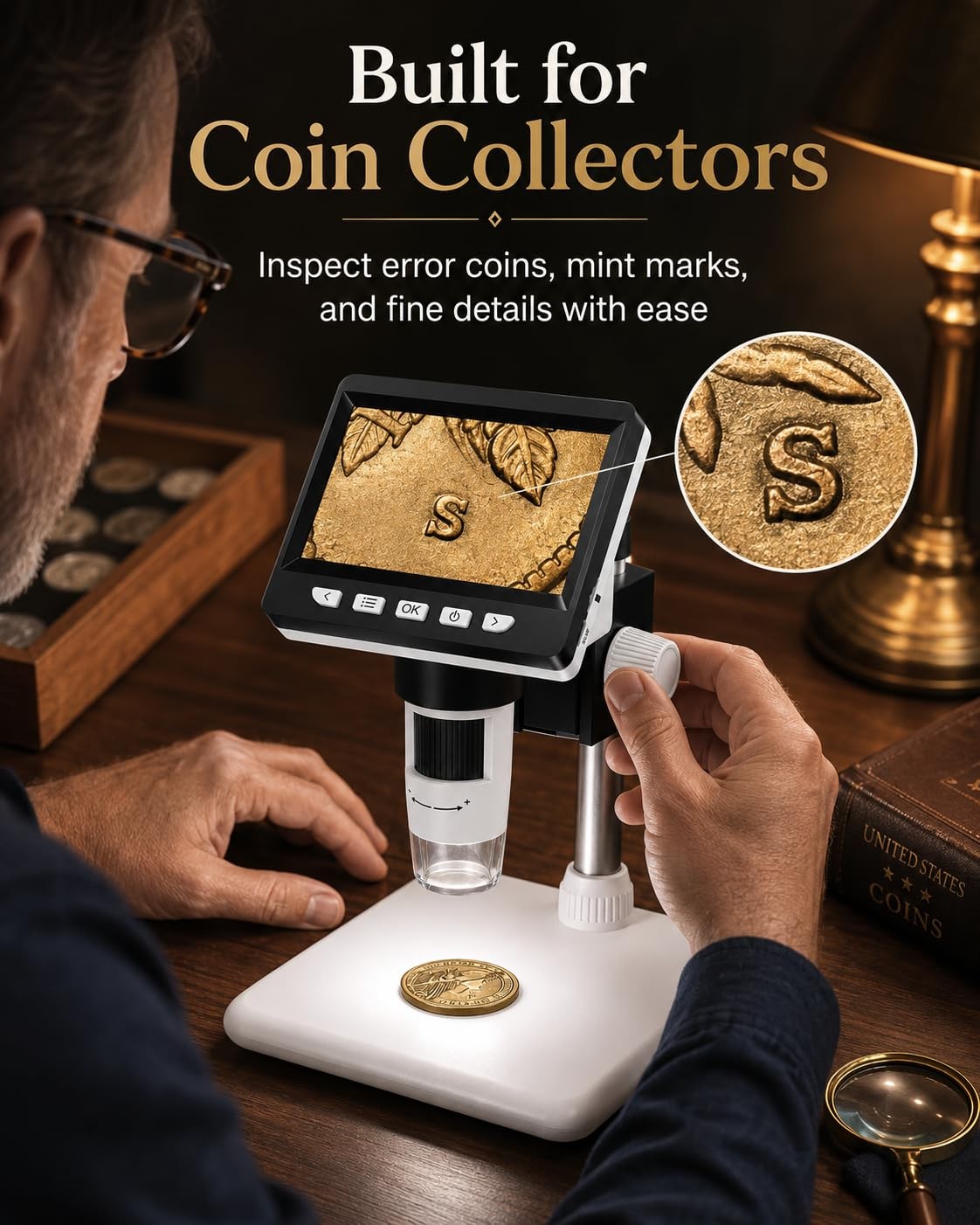 Digital Coin Microscope 1000X For Error Coins W/ 8 LED Lights PC View 4.3″
