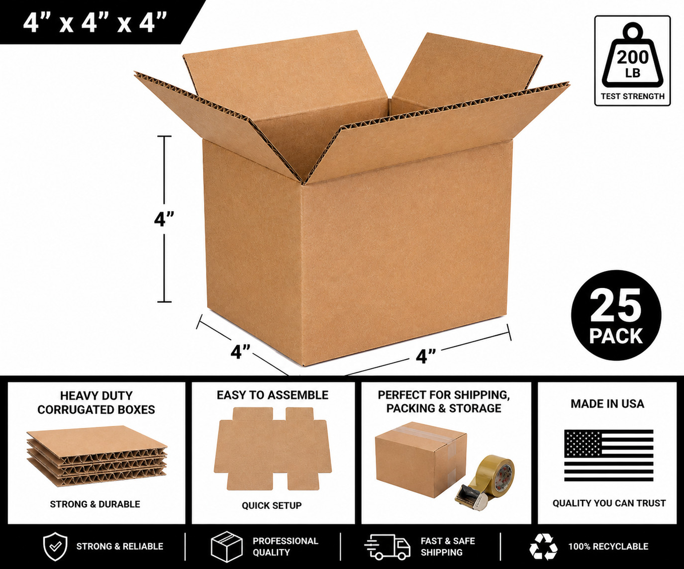25 4x4x4 Cube Corrugated Shipping Packing Moving Mailing storage Cartons Boxes