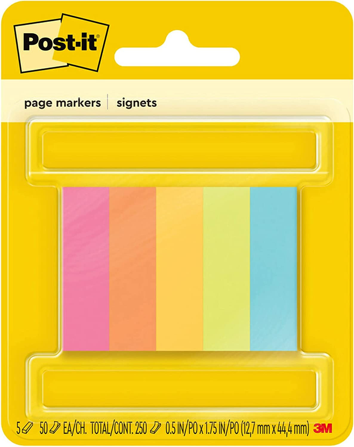 Post-It Page Markers, Assorted Colors, 1/2 in X 2 In, 50 Sheets/Pad, 5 Pads/Pack