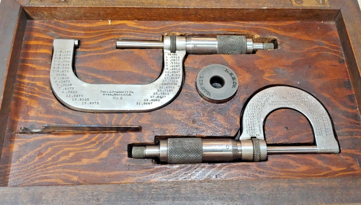 2- L.S. Starrett Micrometers No. 2 & 3, 0-1″ and 1″-2″ Wood box w/standard USA