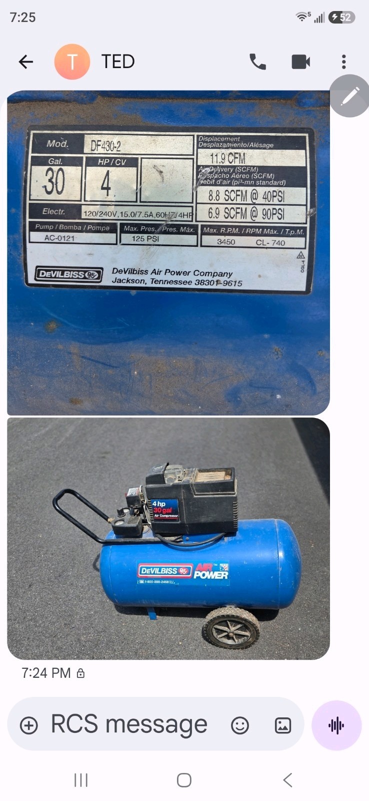 4 Hp 30 Gal Electric Portable Air Compressor. DeVILBISS AIR POWER Compressor USA