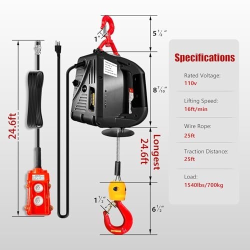 Electric Portable Hoist Winch 1540 lb 110V 25 ft with Lifting Strap