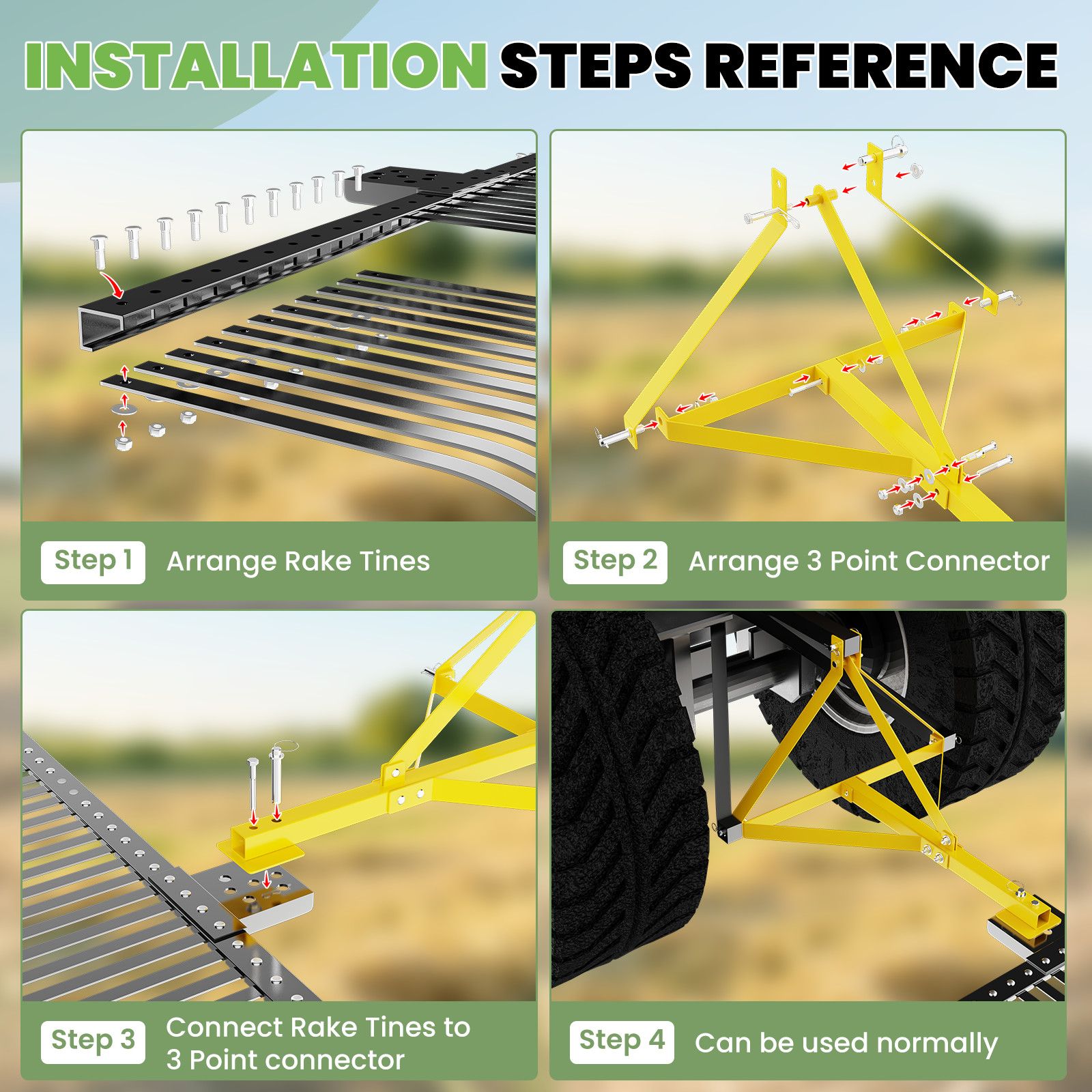 60″ 3 Pt Landscape Rock Rake For Category 1 Tractor Attachment Soil Gravel Lawn