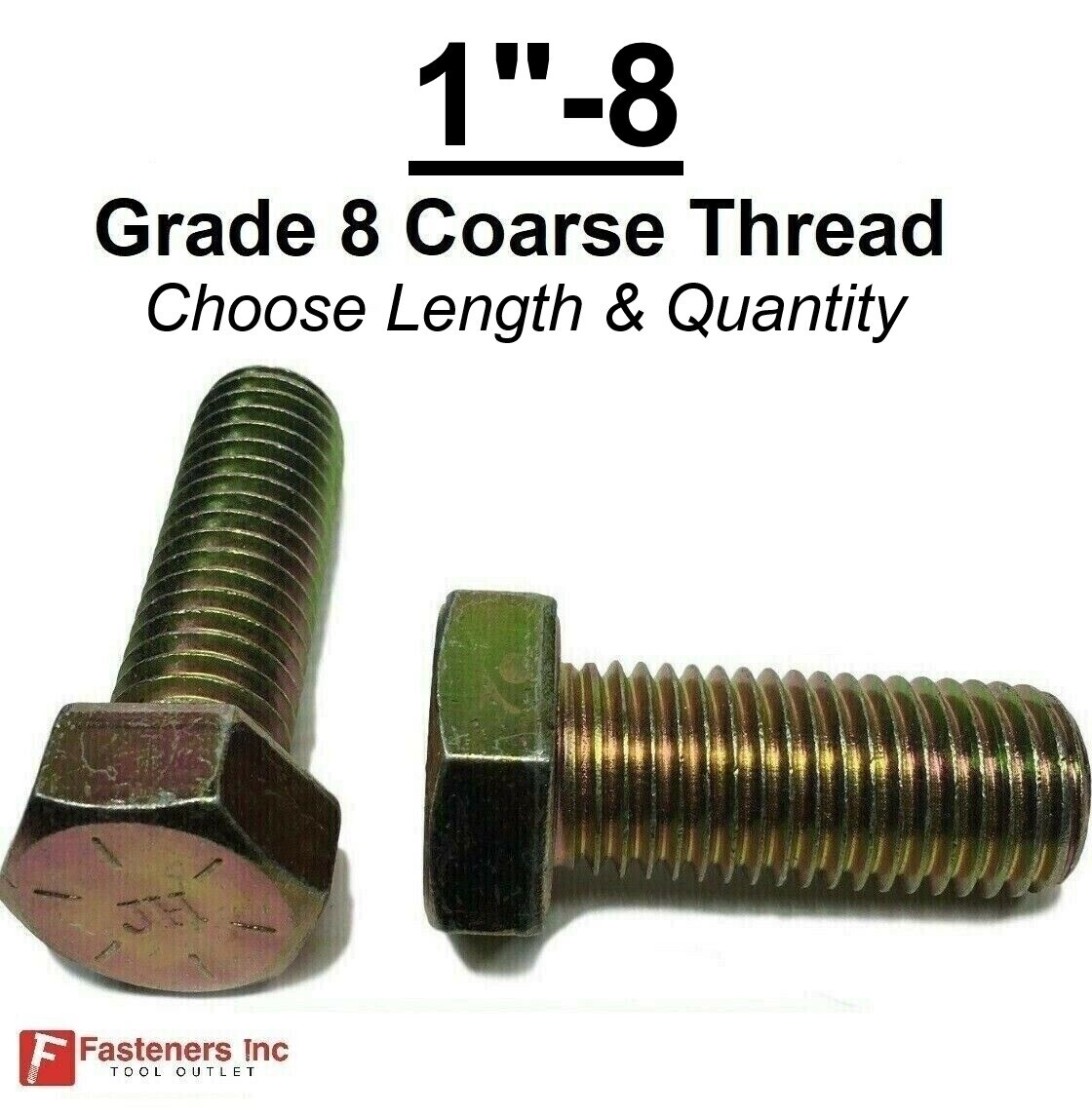 1″-8 Hex Bolt Yellow Zinc Plated Grade 8 Cap Screw Coarse Thread (All Sizes&Qtys