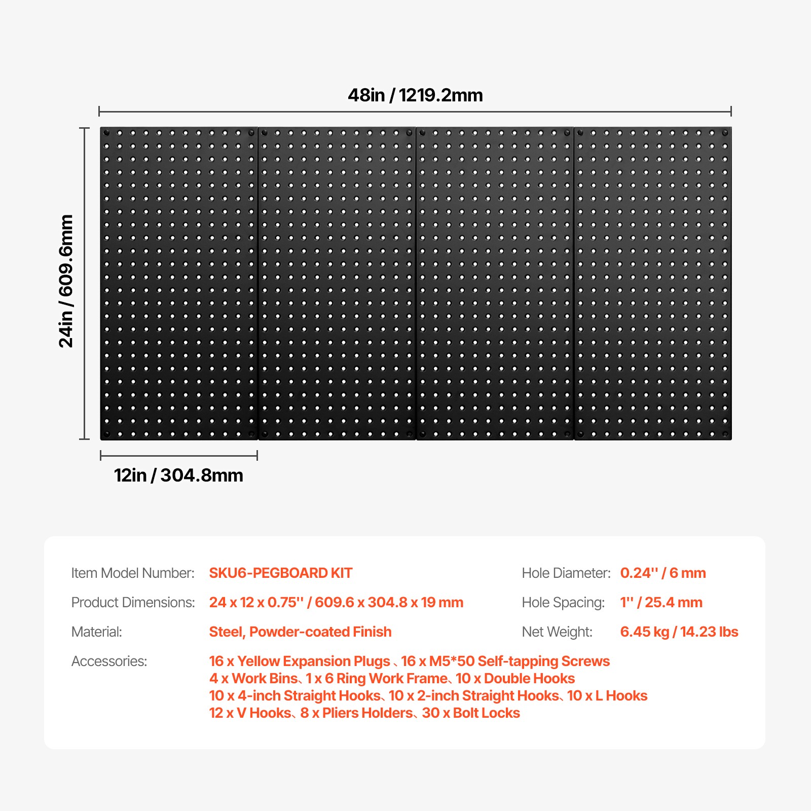 VEVOR Metal Pegboard Panels 4Pcs 24″x12″ Wall Organizer for Garage Tool Storage
