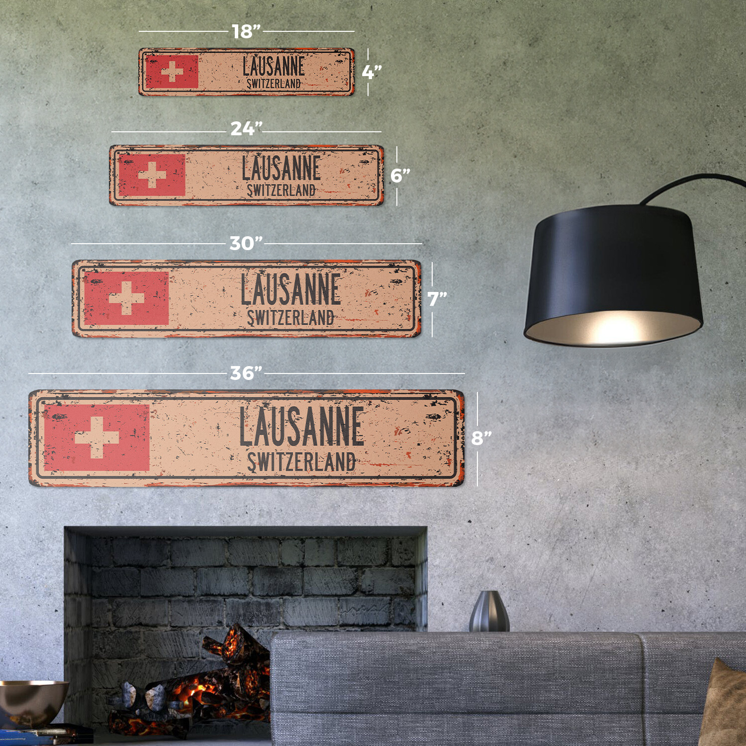 LAUSANNE SWITZERLAND Vintage Street Sign Swiss flag city country road rustic