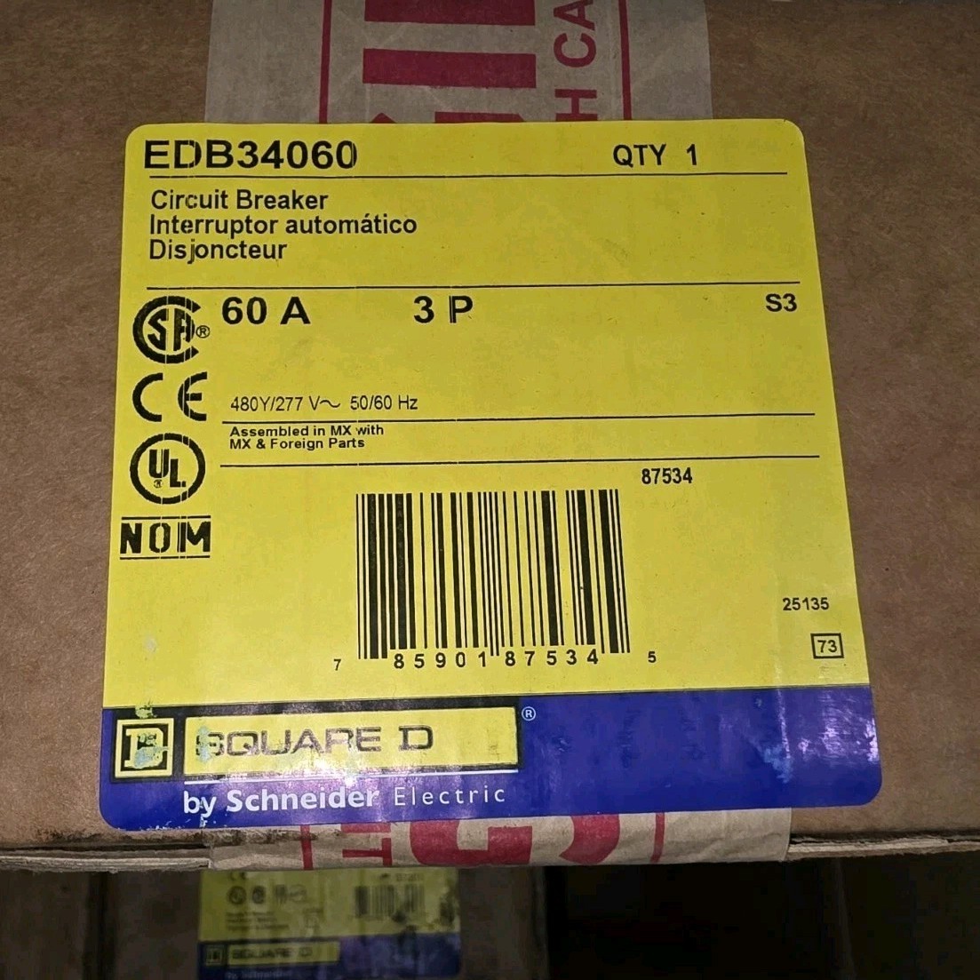 Square D EDB34060 Circuit Breaker 60A 3-Pole 480Y/277V AC, 1 Pack