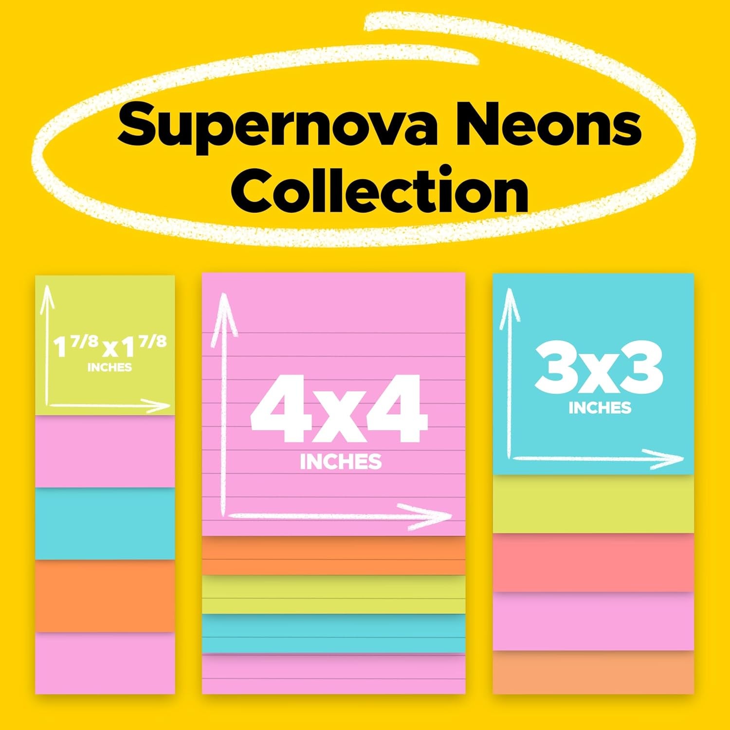 Post-it Super Sticky Notes, Multi-Size, Supernova Neons, 15 Pads