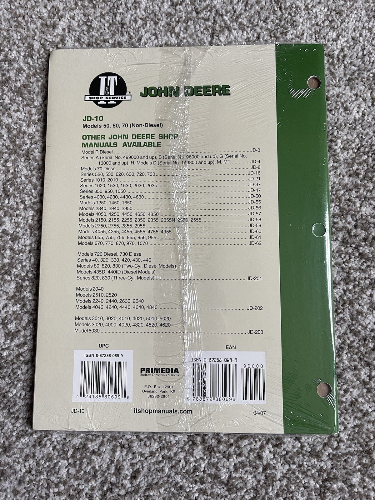 I&T JD-10 John Deere Shop Service Manual Model 50 60 70 (Non-Diesel) Tractors