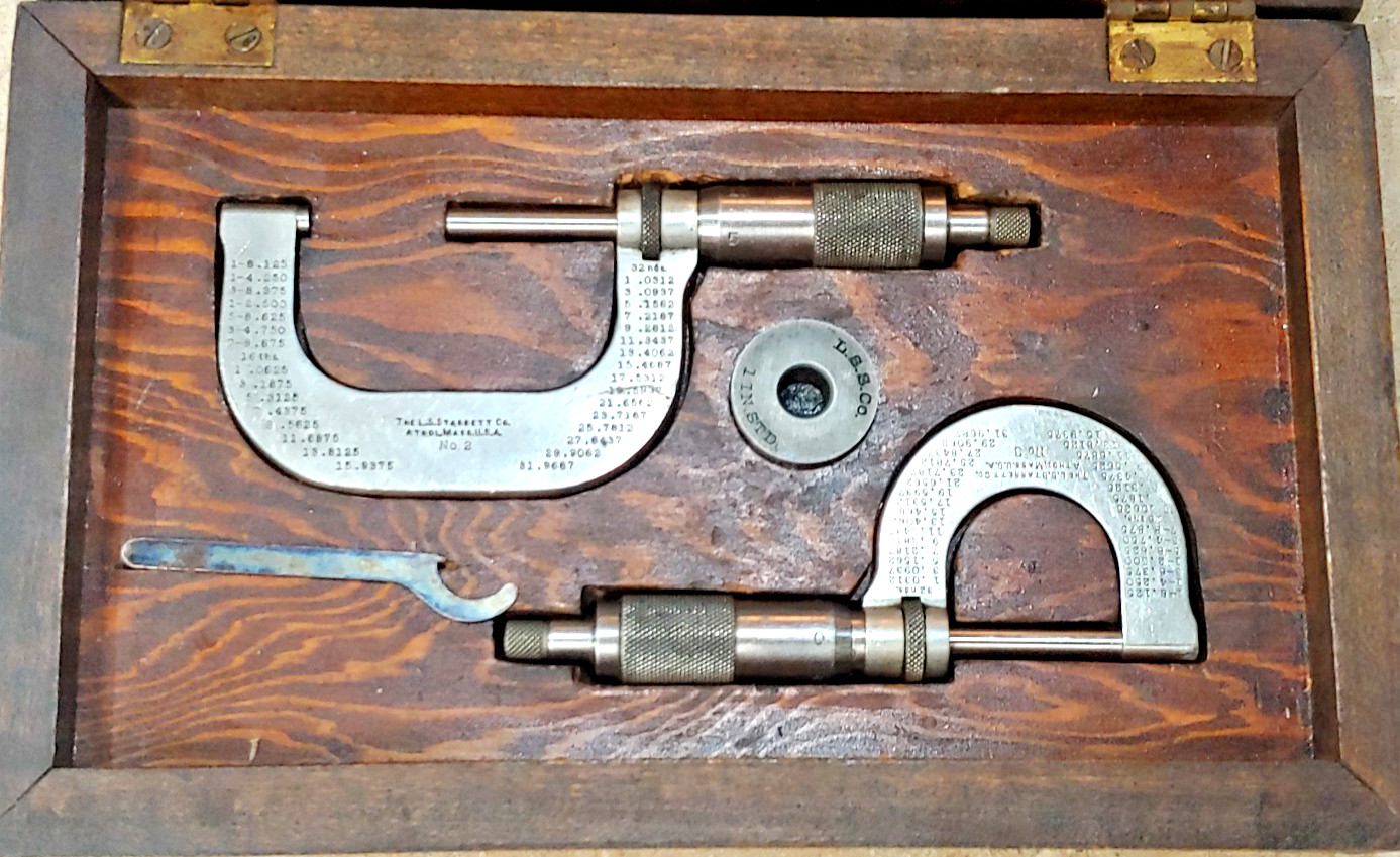 2- L.S. Starrett Micrometers No. 2 & 3, 0-1″ and 1″-2″ Wood box w/standard USA