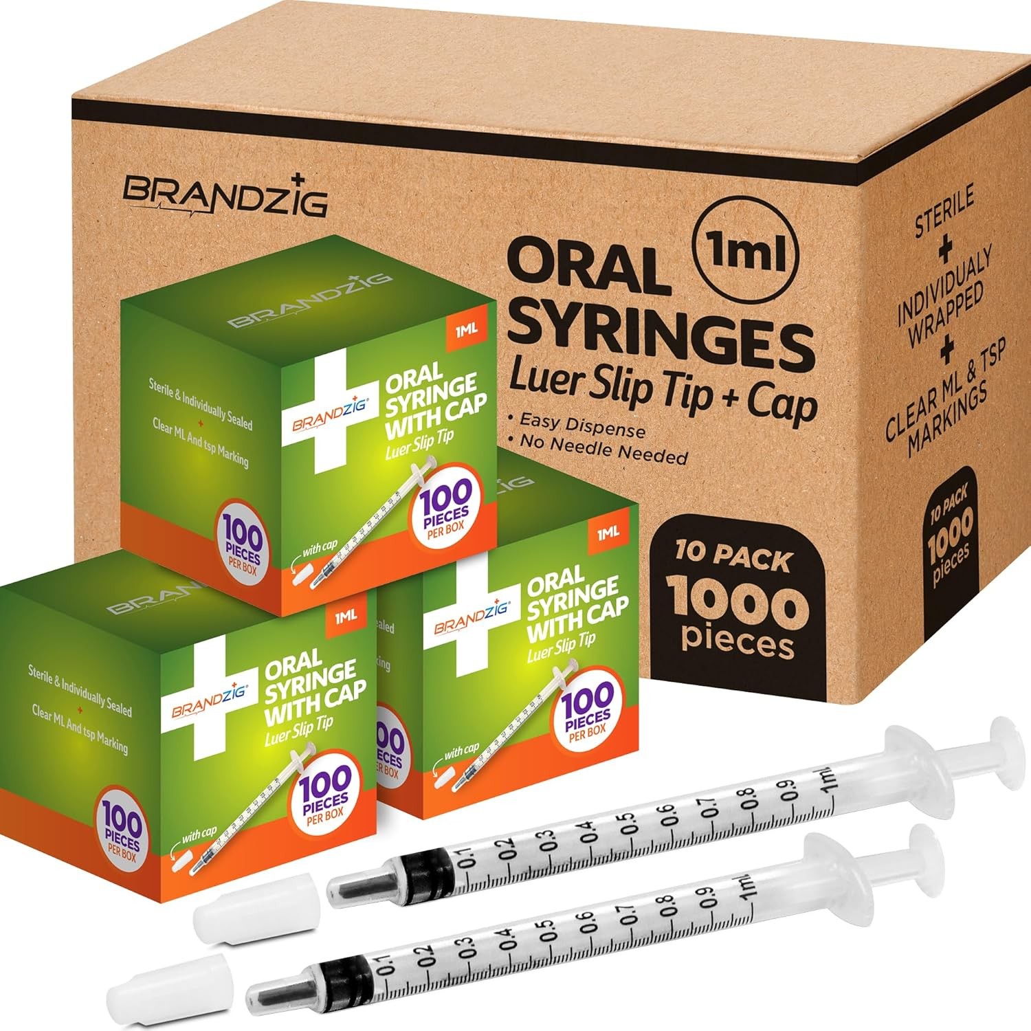 1ml Syringe with Cap (100 Pack) | Oral Dispenser Without Needle, Luer Slip Tip,