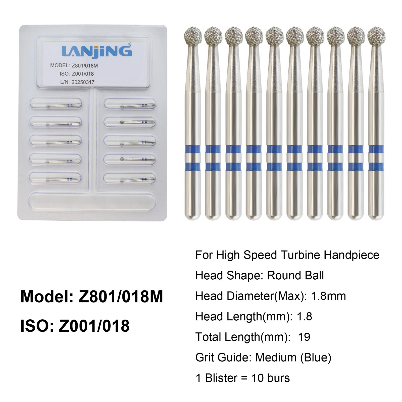 Dental Zirconia Cutting Diamond Burs FG Round End Taper Round Ball Football Z856
