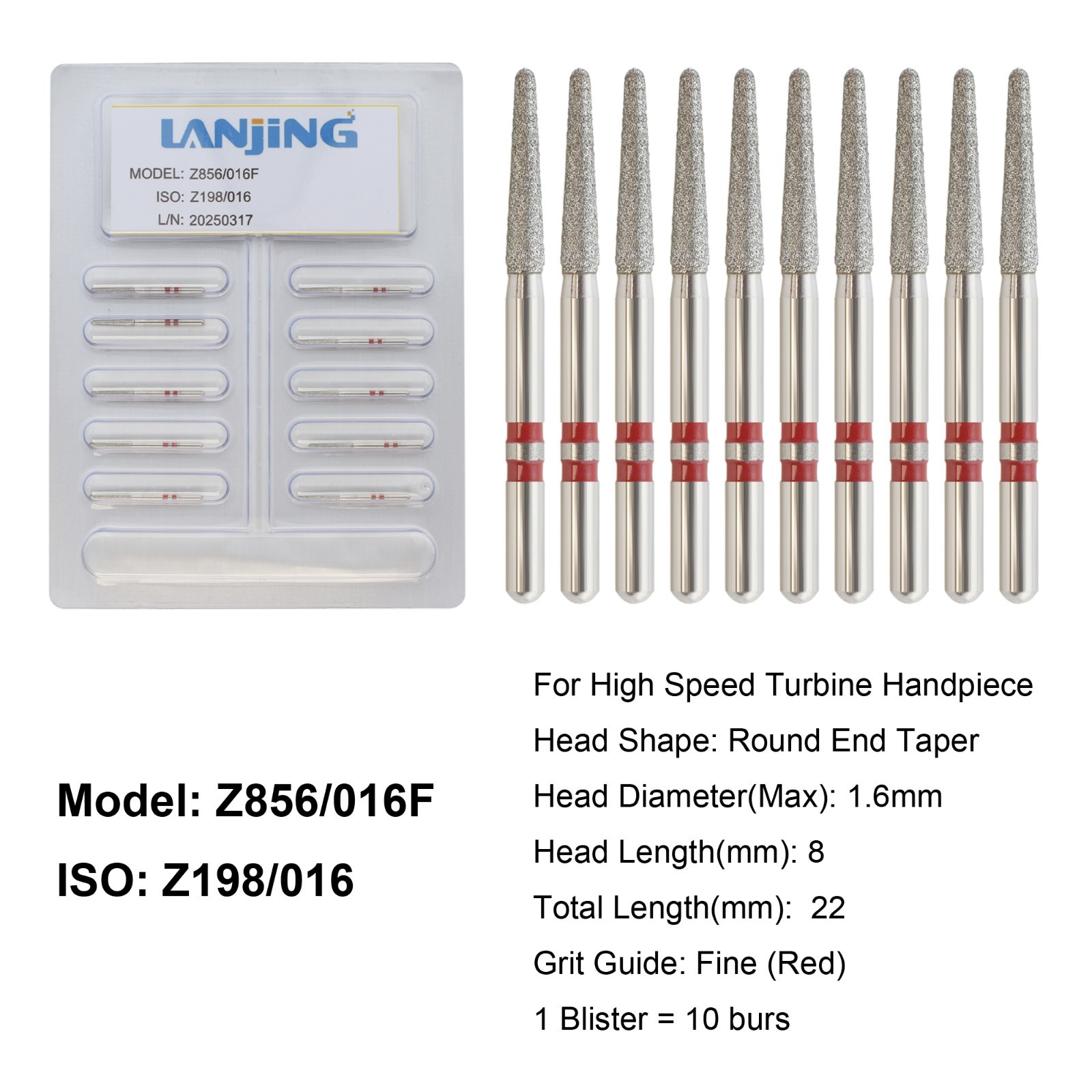 Dental Zirconia Cutting Diamond Bur FG Round End Taper Fine High Speed Z856/016F