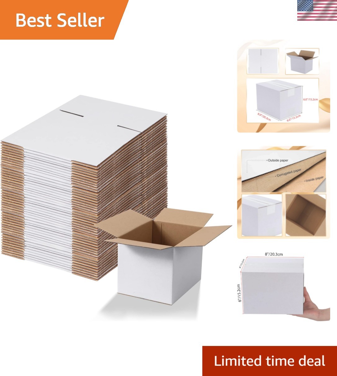8x6x6 Shipping Boxes Set of 40, White Corrugated Cardboard Box for Mailing Pa…
