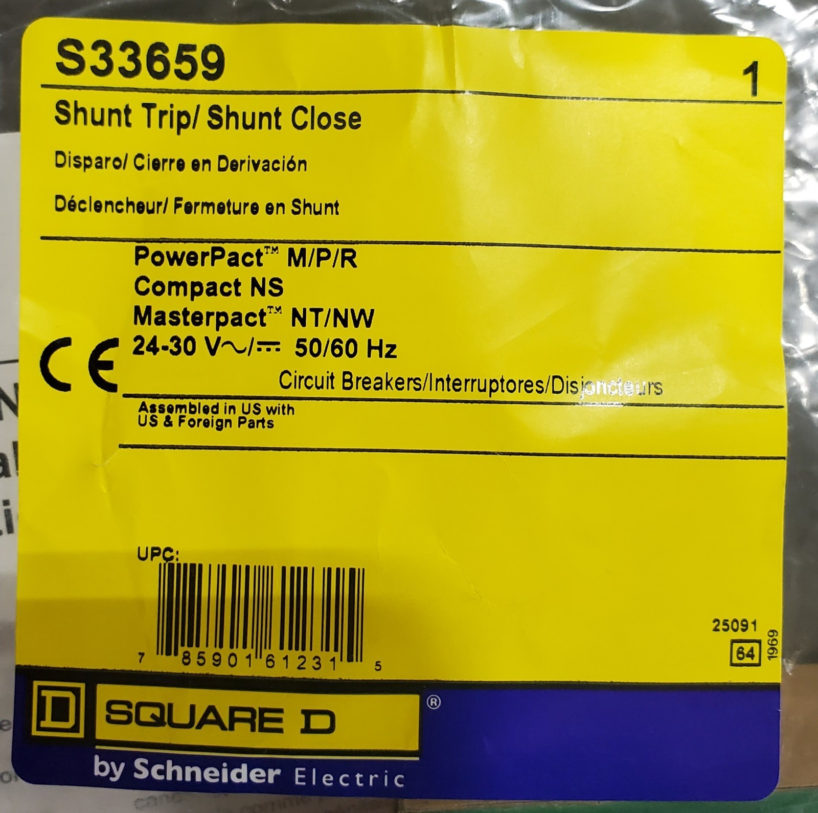 Square D S33659 33659 Shunt Trip / Shunt Close PowerPact M/P/R 24/30V