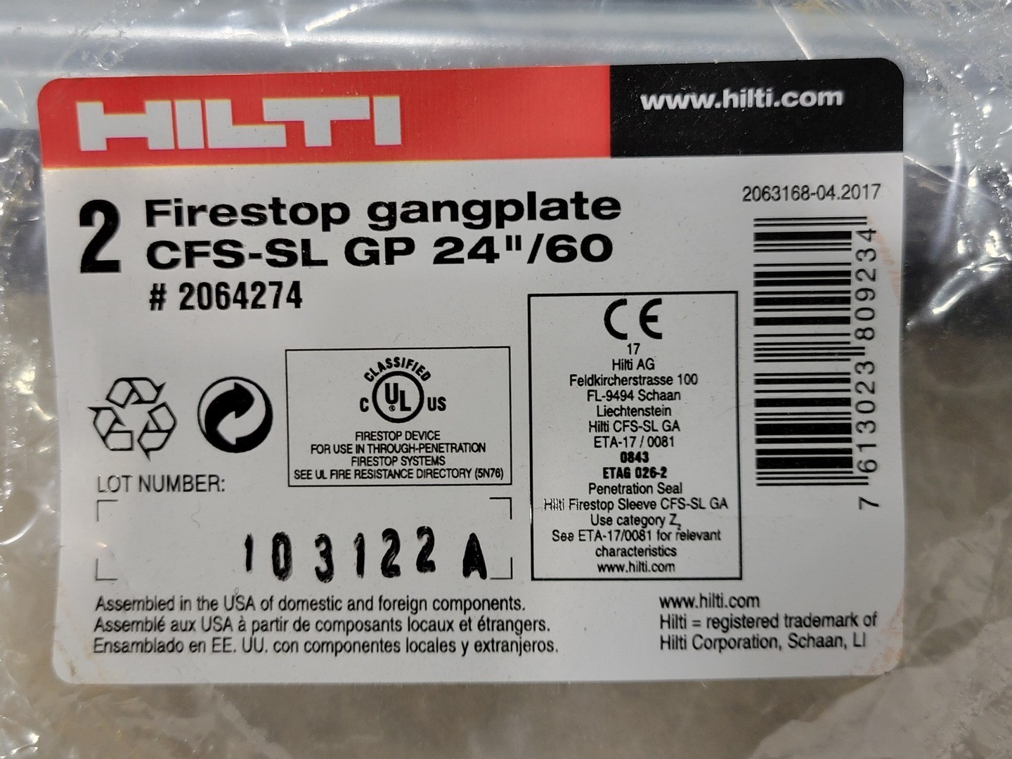 SURPLUS NEW HILTI CFS-SL GP 24″/60 Firestop Sleeve Gangplate , 2064274 (Pack of