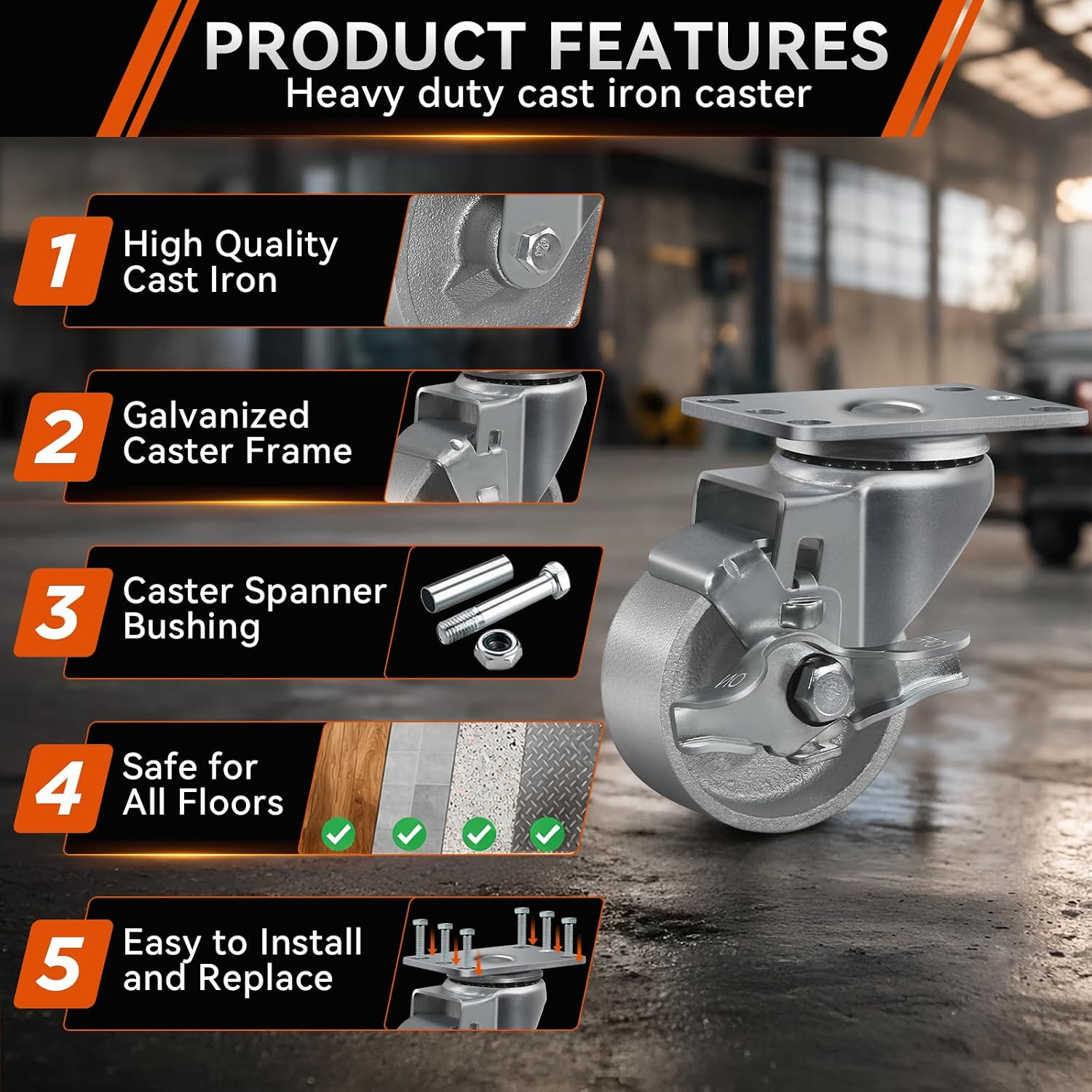 HANDSAMMU’S 3Inch Industrial Casters, Semi Steel Cast Iron Casters, Set of 4