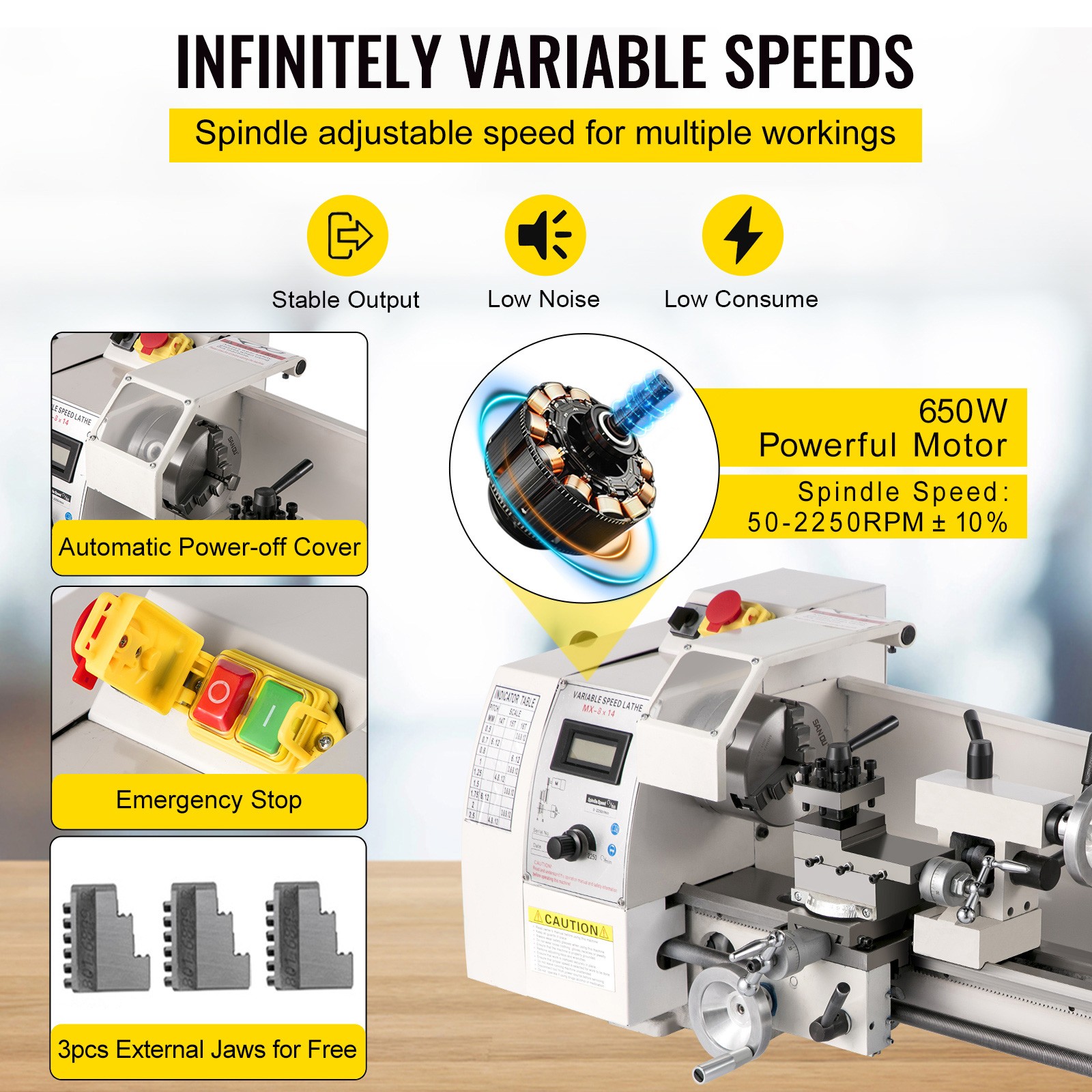 VEVOR Mini Metal Lathe 8″x14″ Metalworking Machine Variable Speed 2250 RPM 600W