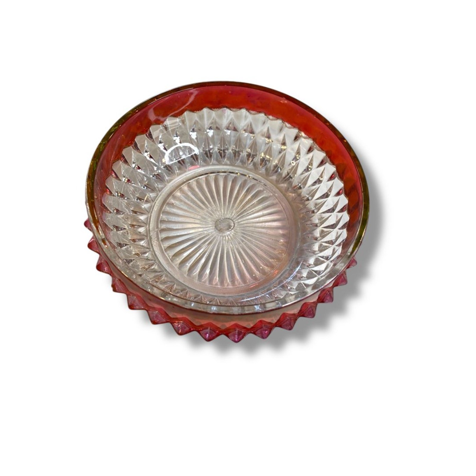 Vintage Indiana Glass Diamond Point Ruby Red Flash Candy Dish Bowl 5″