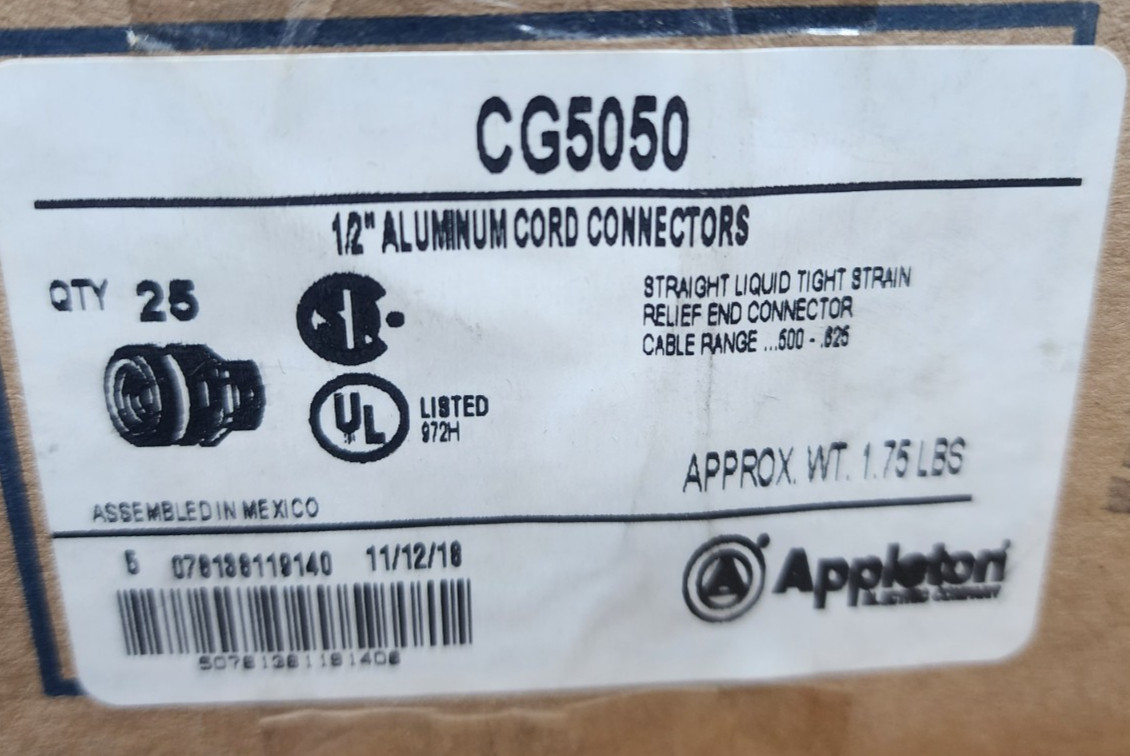 🤠 25) NEW APPLETON 1/2″ ALUMINUM CORD CONNECTORS LIQUID TIGHT CG5050 LOT OF 25