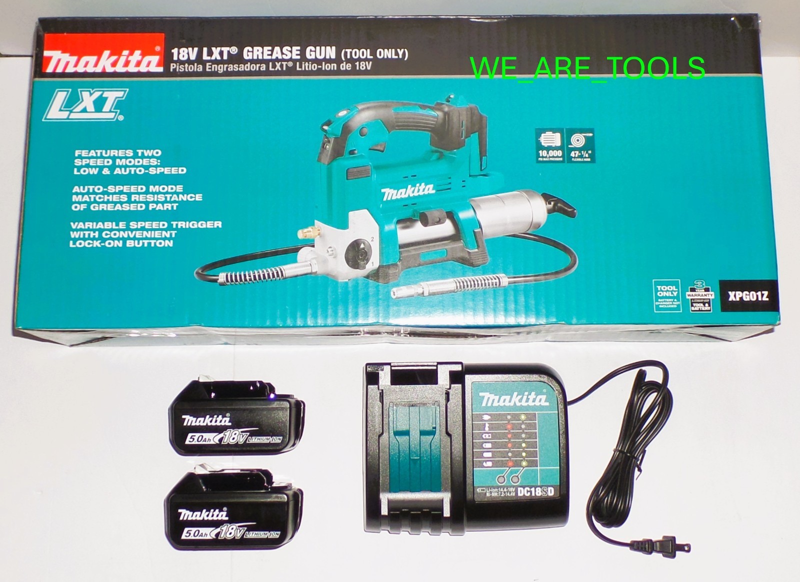 New Kit Makita 18V Cordless Grease Gun, 2) BL1850B 5.0Ah Battery, Charger