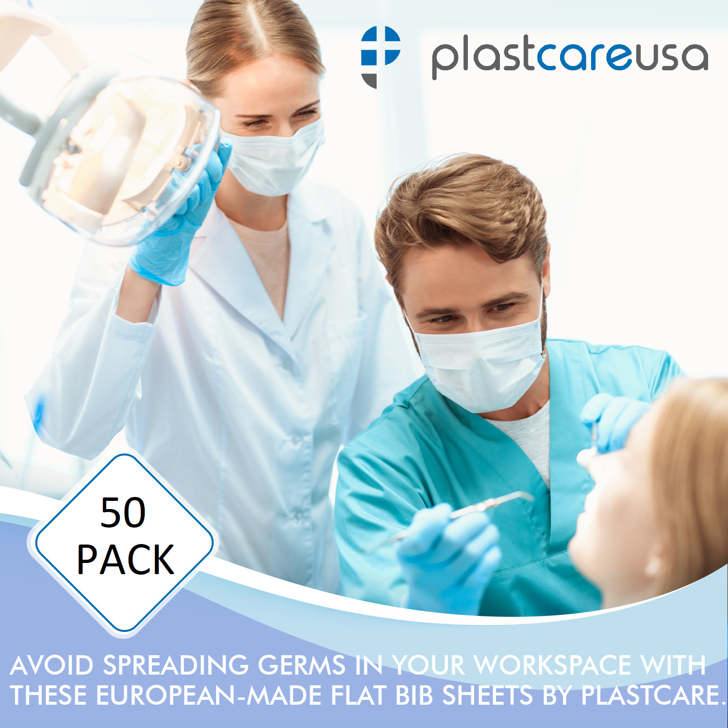 Dental Bibs 50 Blue + 5 Bib Clips Kit Disposable Waterproof Patient Protection