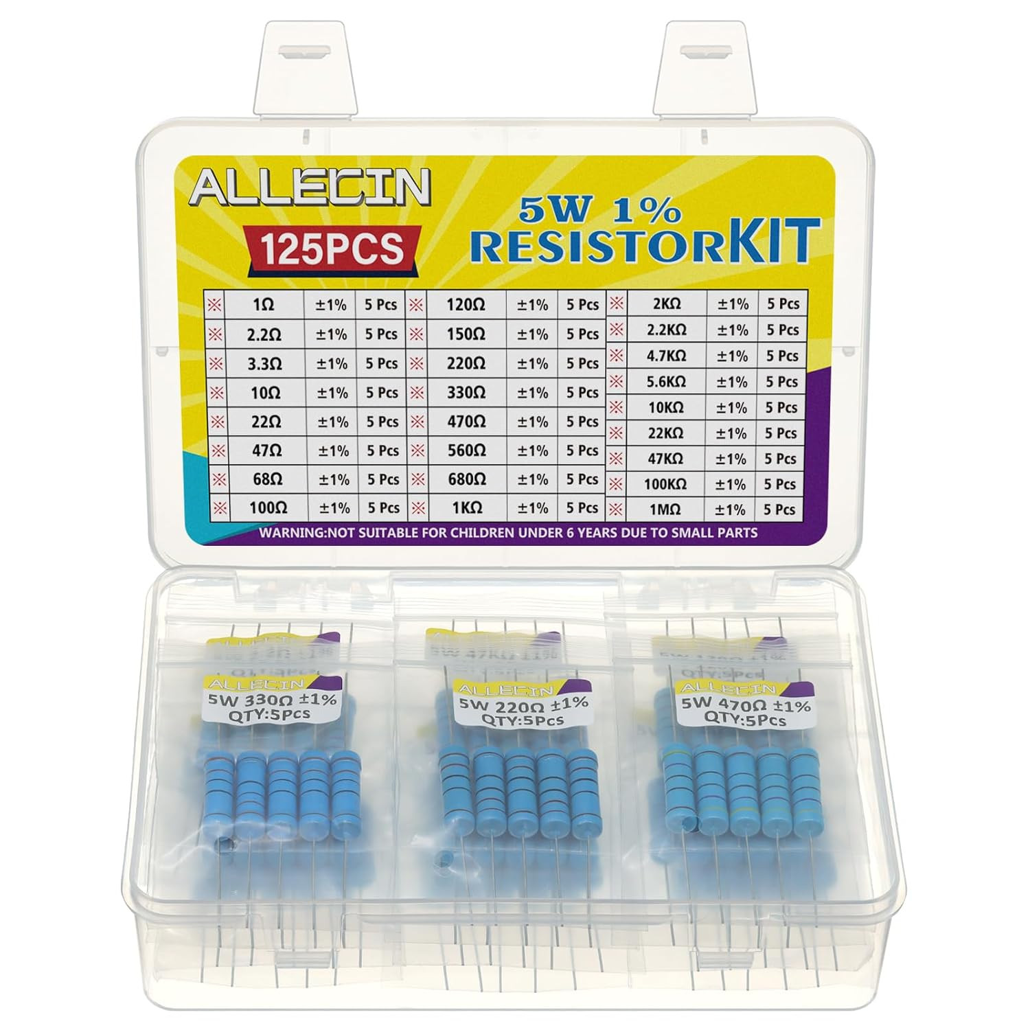 5W Metal Film Resistor Kit from 1 Ohm to 1M Ohm 25 Values 5 Watt 1% Resistors