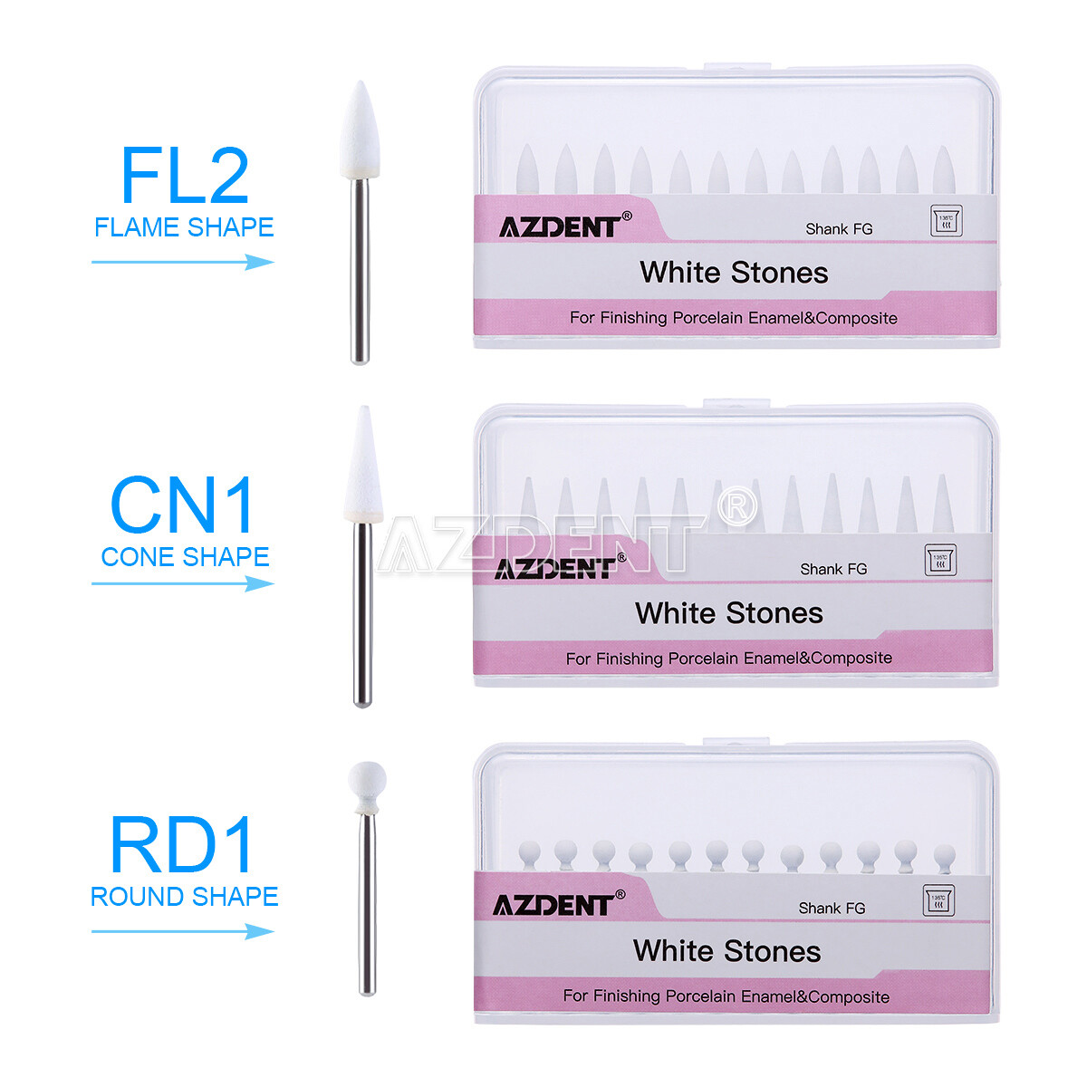Dental White Polishing Stones Flame Cone Shape FG Burs Arkansas Stone
