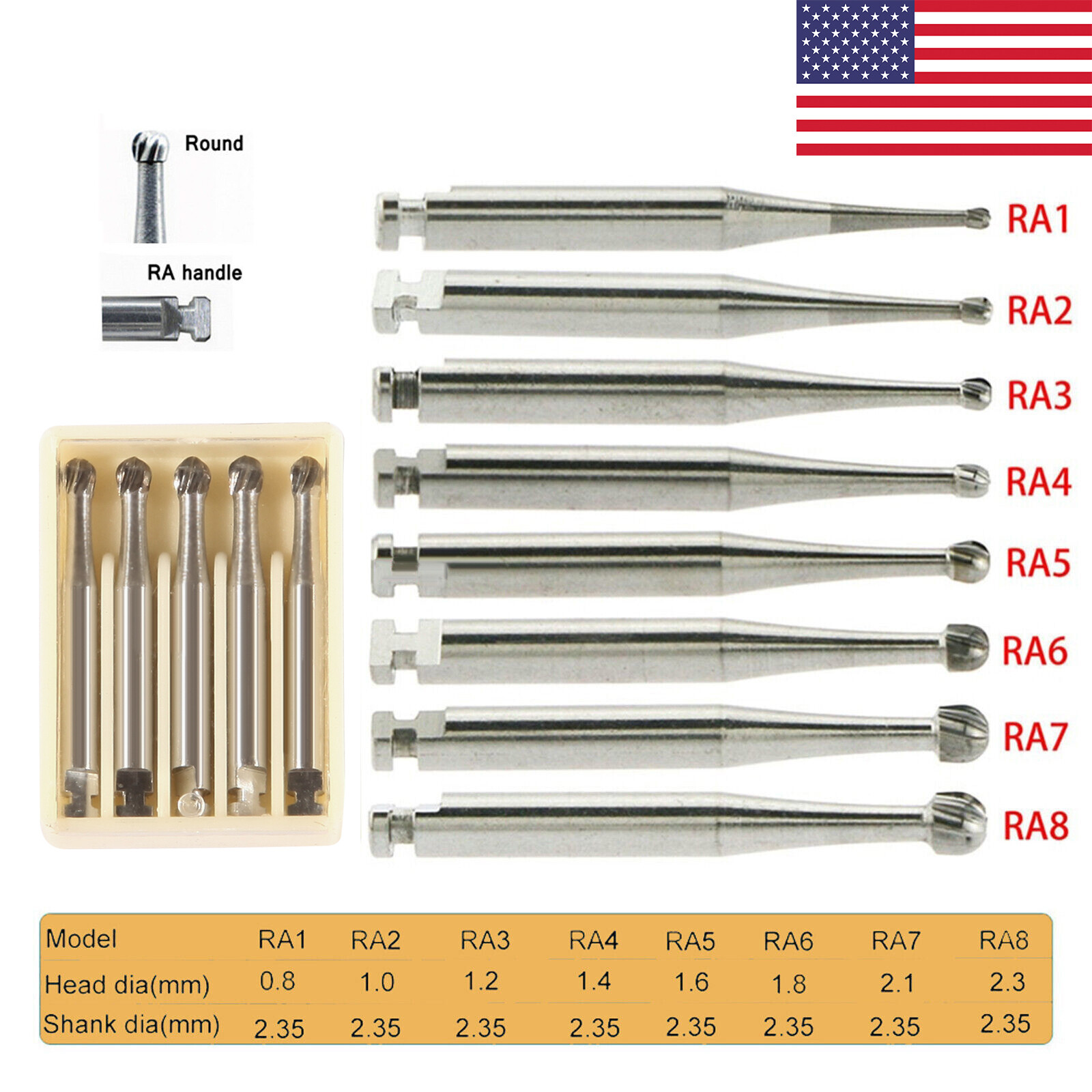 5 Pcs/Pack Dental RA Round Carbide Bur For Slow Speed Latch Type RA 1#- RA 8#