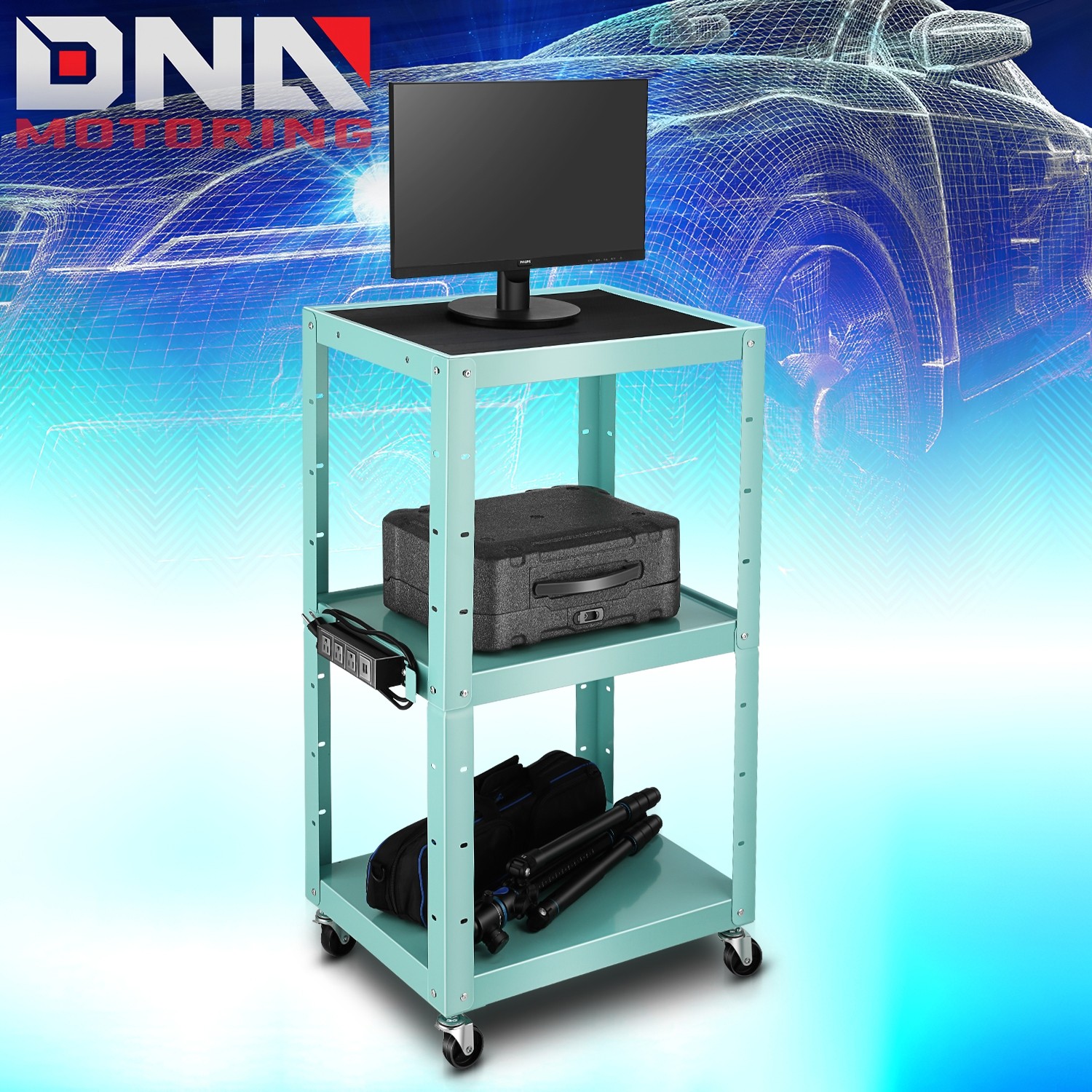 24″-42″ Adjustable 3-Layer Utility Steel Media AV Cart w/ Power Strip Light Blue