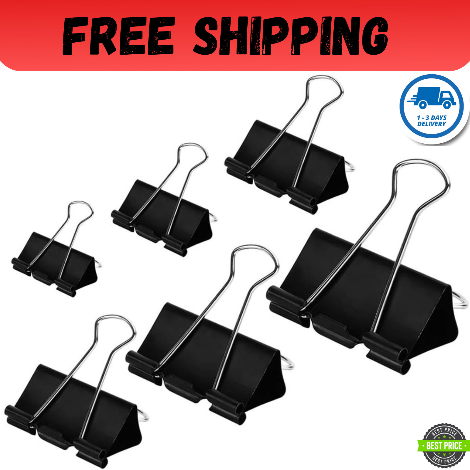 Binder Clips Paper Clamps Assorted Sizes 100 Count (Black), X Large, Large, Medi