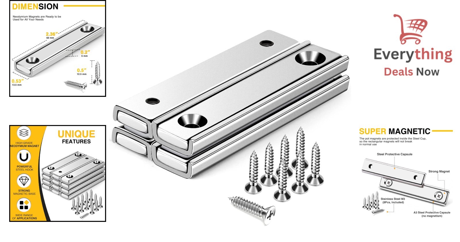 4-Pack Strong Neodymium Rectangular Magnets 80lb Pulling Force With Screws 2.36″