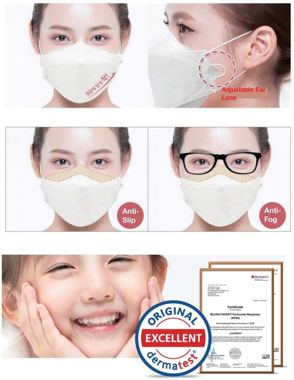 BLUNA Adjustable KF94 Korean Face Mask Made in Korea Respirators Adults & Kids