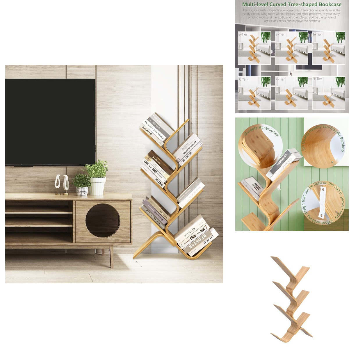 Briteman 6-Tier Floor Bamboo Tree Modern Standing Bookcase Office Book Storage