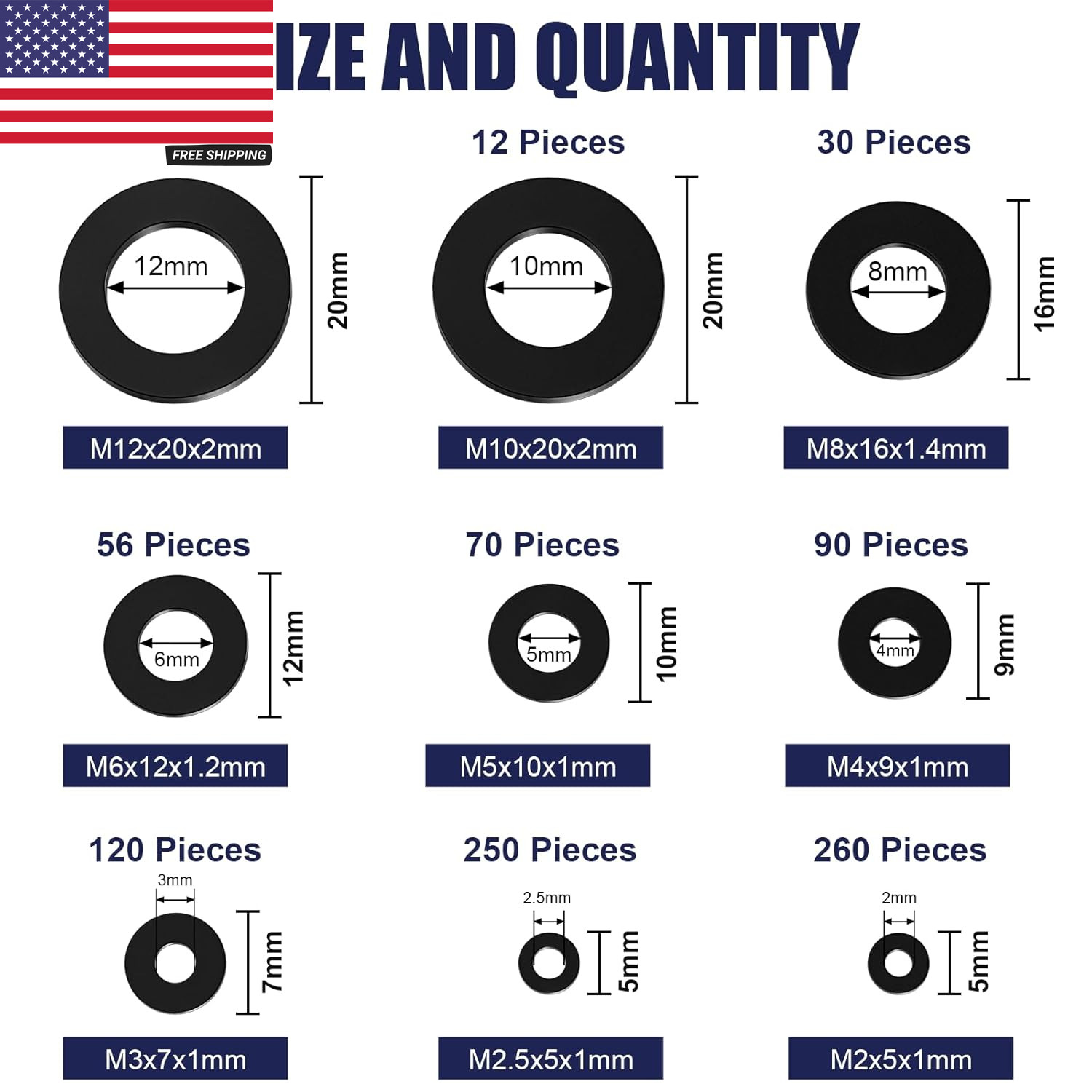 900-Piece Nylon Flat Washer Assortment Kit Black Plastic Flat Washers for Bolts