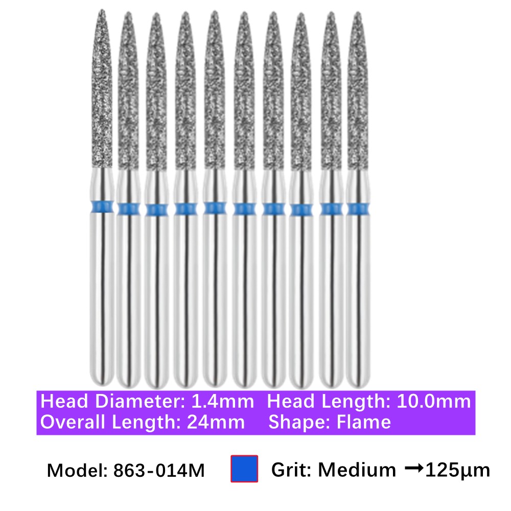 10/Pk Dental Diamond Bur Flame Shape FG 863-014M Medium Grit Friction Grip